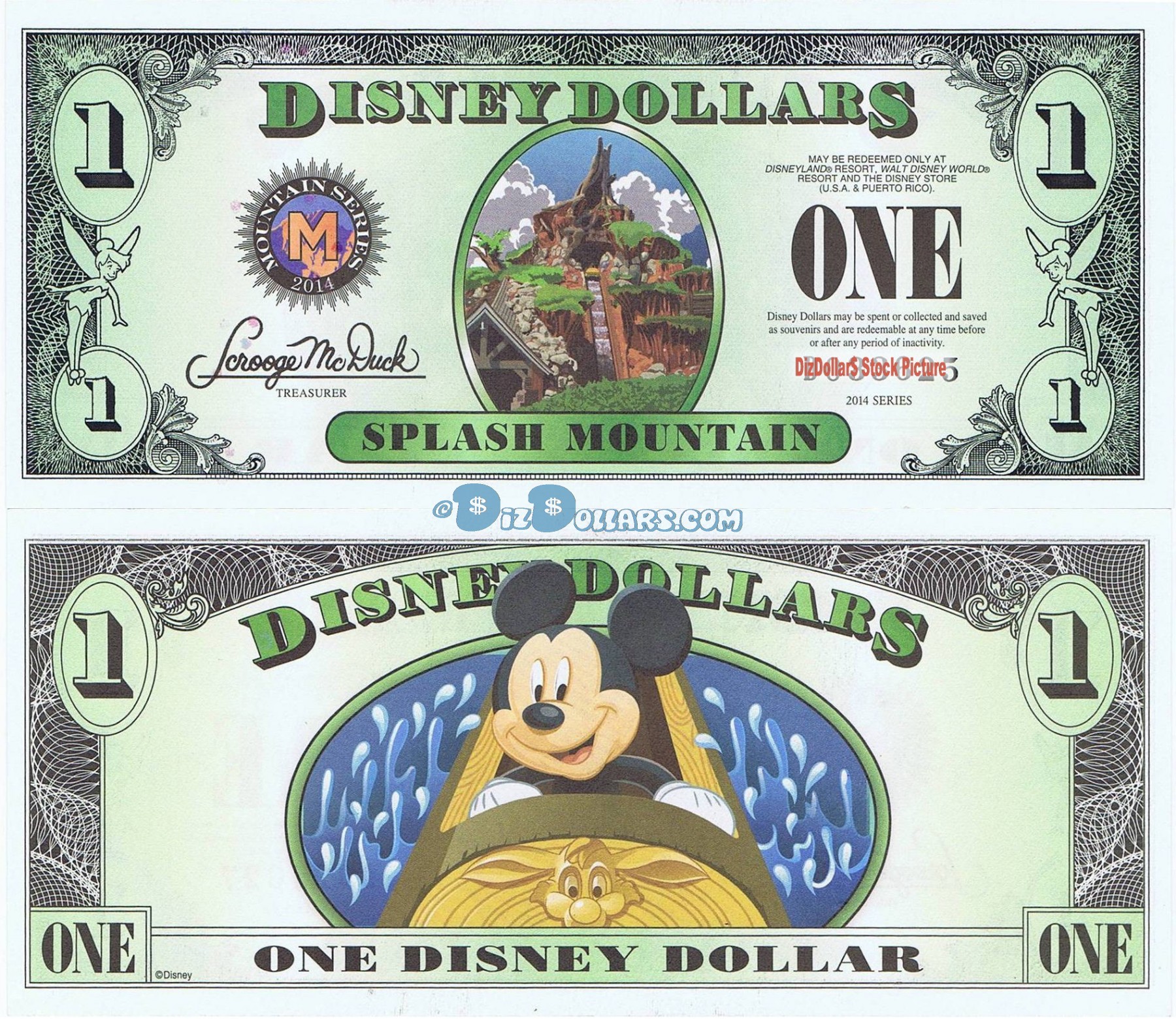 Disney $1 Dollar 2014 "A" Series 4 Digit Serial Splash Mountain Uncirculated 