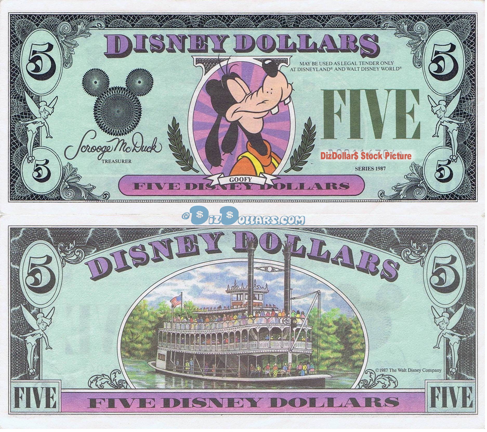 1987 "D" $5 UNC Disney Dollar - Goofy front with Disneyland "Mark Twain" Riverboat on back - 1987 Inaugural Series from Disneyland ~ © DizDollars.com