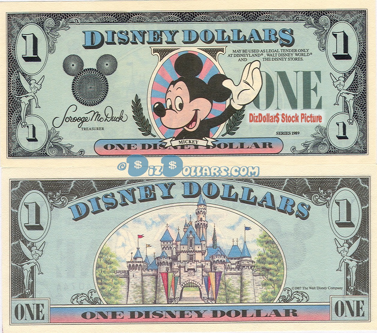 1989 "A" $1 UNC 5 DIGIT S/N Disney Dollar - Waving Mickey front with Sleeping Beauty's Castle Disneyland on back - 1989 Series from Disneyland ~ © DIZDUDE.com