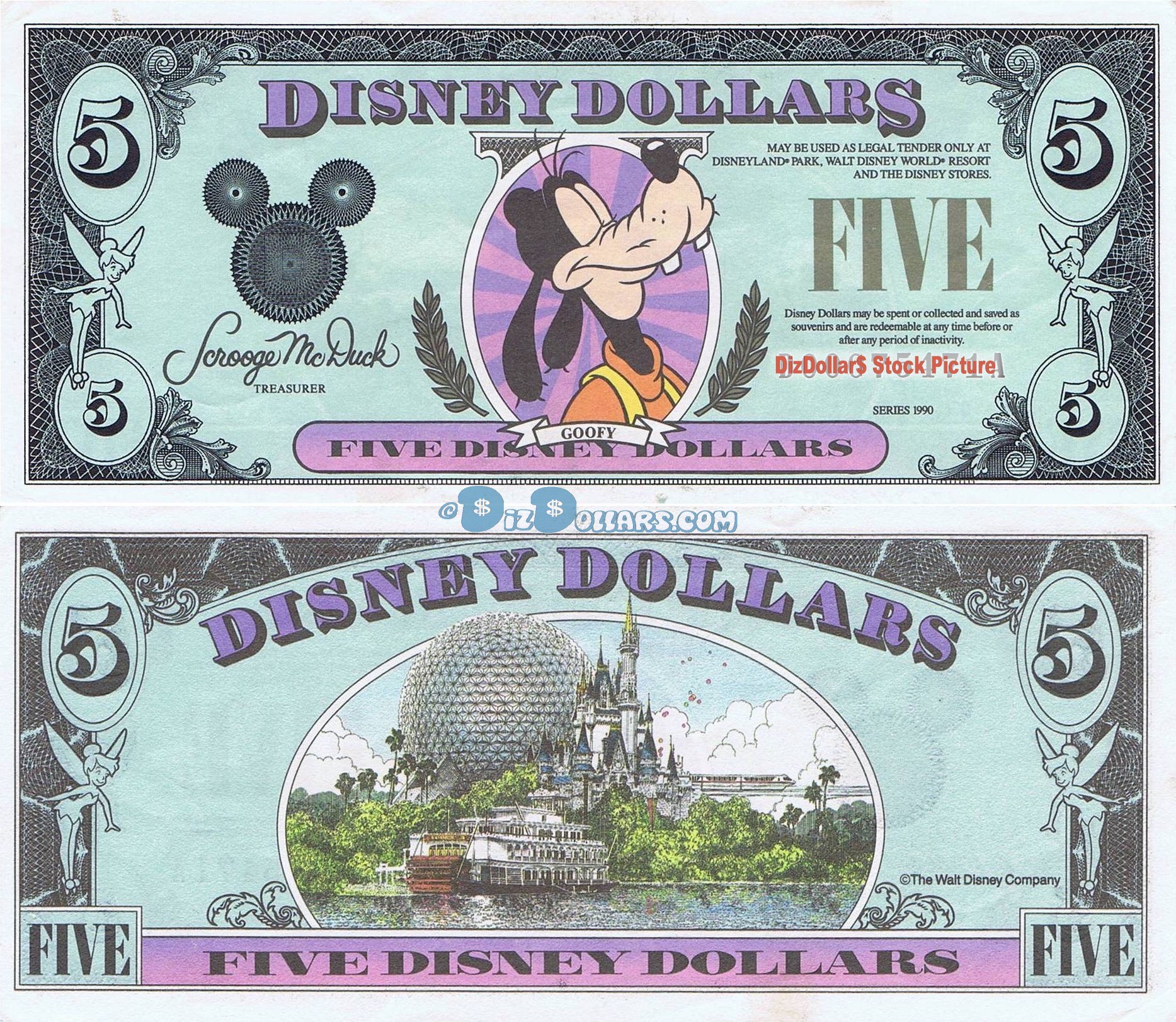 1990 "A" $5 UNC RARE 5 Digit S/N A00015544A Disney Dollar - Goofy front with Disney World on back - 1990 Series from Disneyland  ~ © DizDollars.com