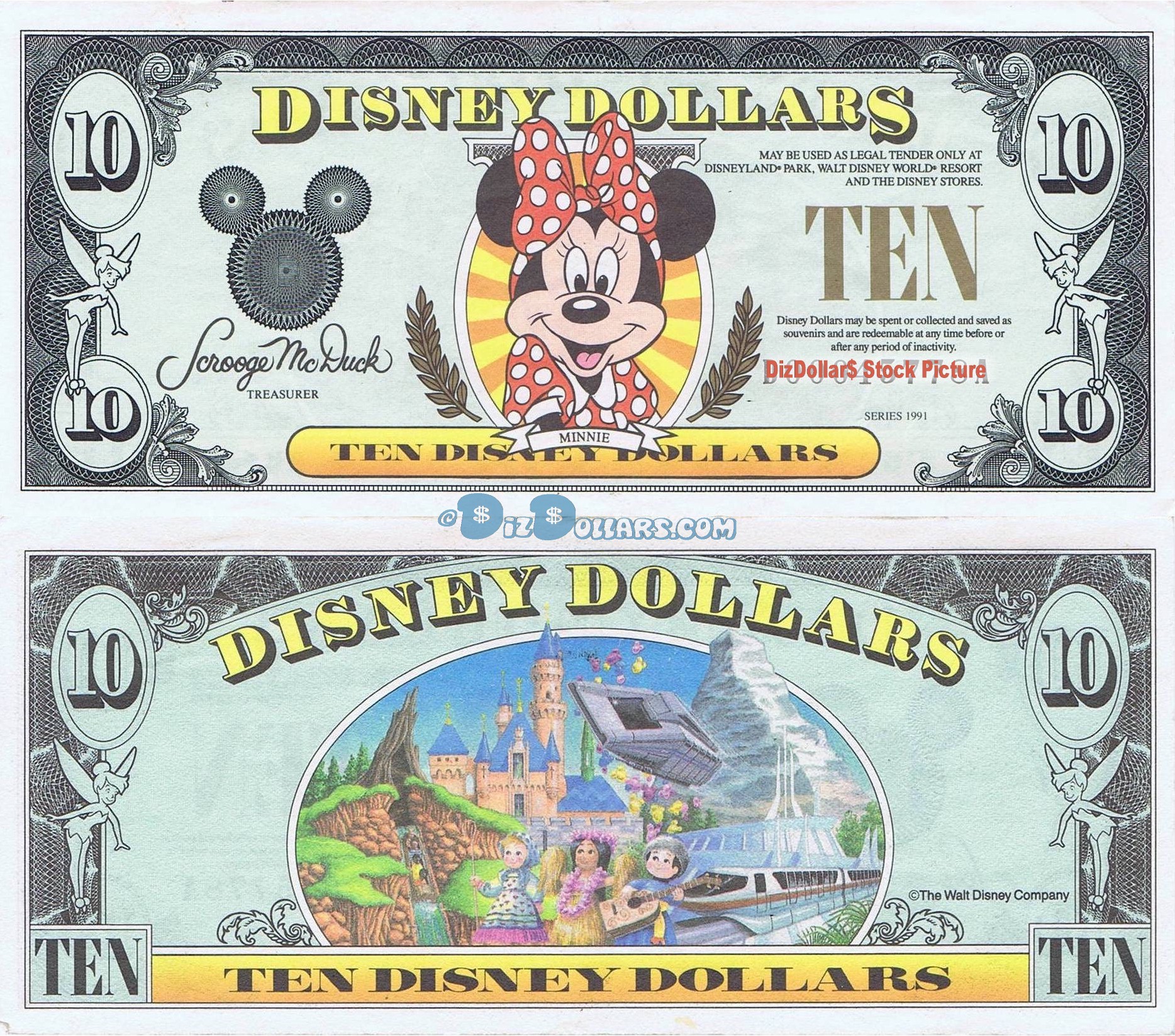 1991 "D" $10 AU 5 Digit Disney Dollar - Minnie Mouse front with Disneyland Backdrop on back - 1991 Series from Disney World ~ © DizDollars.com