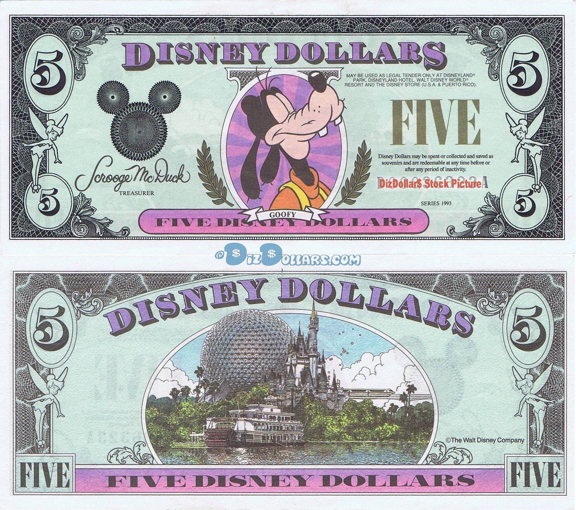1993 "A" $5 UNC S/N A00596334A Disney Dollar - Goofy front with Disney World on back - Mickey's 65th Birthday Series from Disneyland  ~ © DizDollars.com