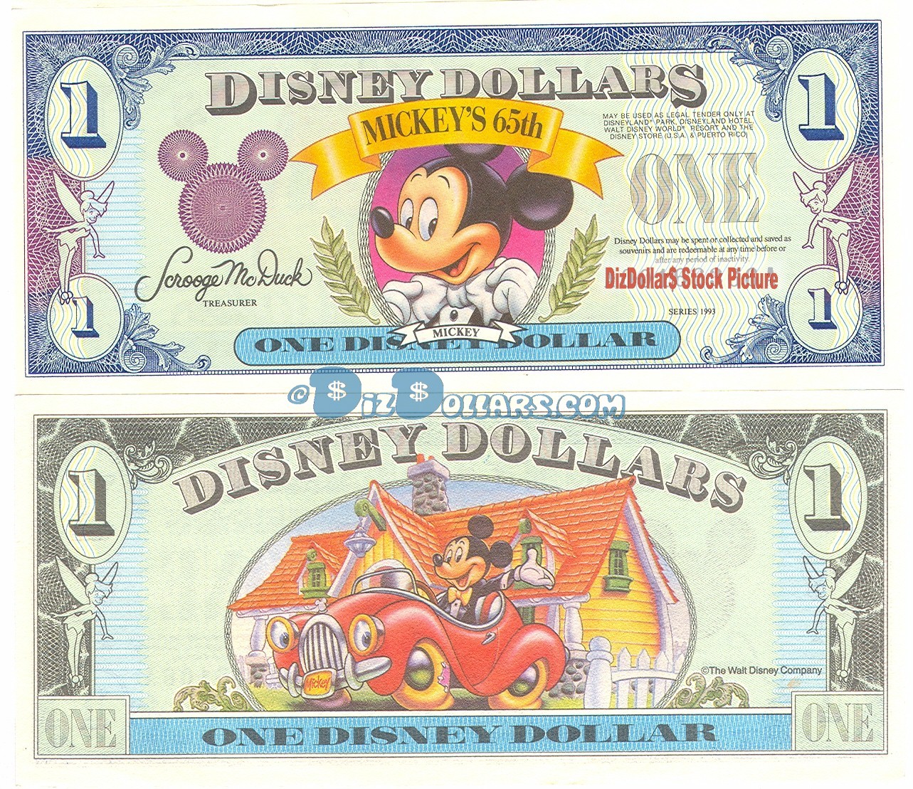 1993 "D" $1 UNC Disney Dollar - Bowtie Mickey front with Mickey in Toontown on back - Mickey's 65th Birthday Series from Disney World ~ © DizDollars.com