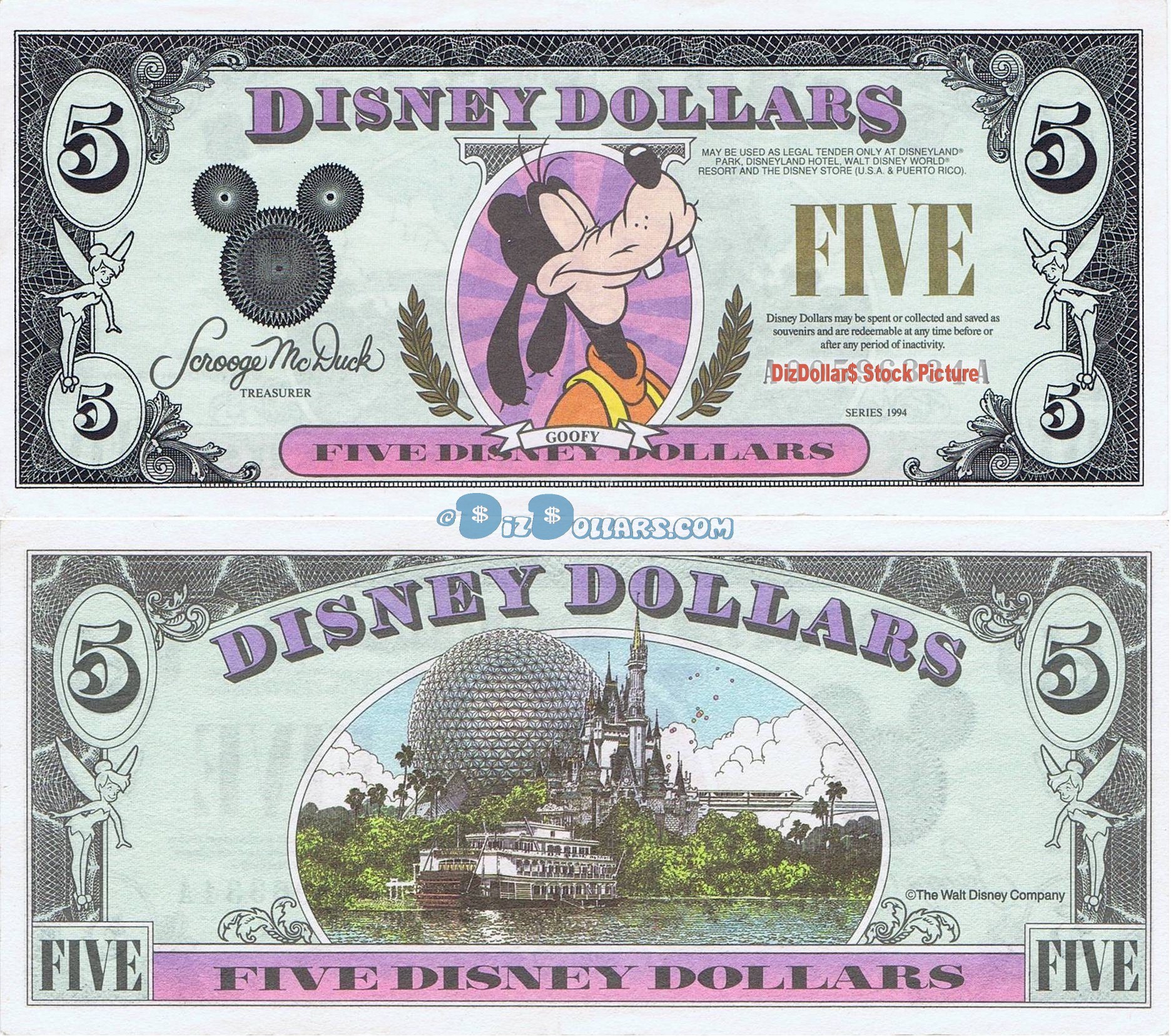 1994 "A" $5 UNC S/N A00596334A Disney Dollar - Goofy front with Disney World on back - 1994 Series from Disneyland ~ © DizDollars.com