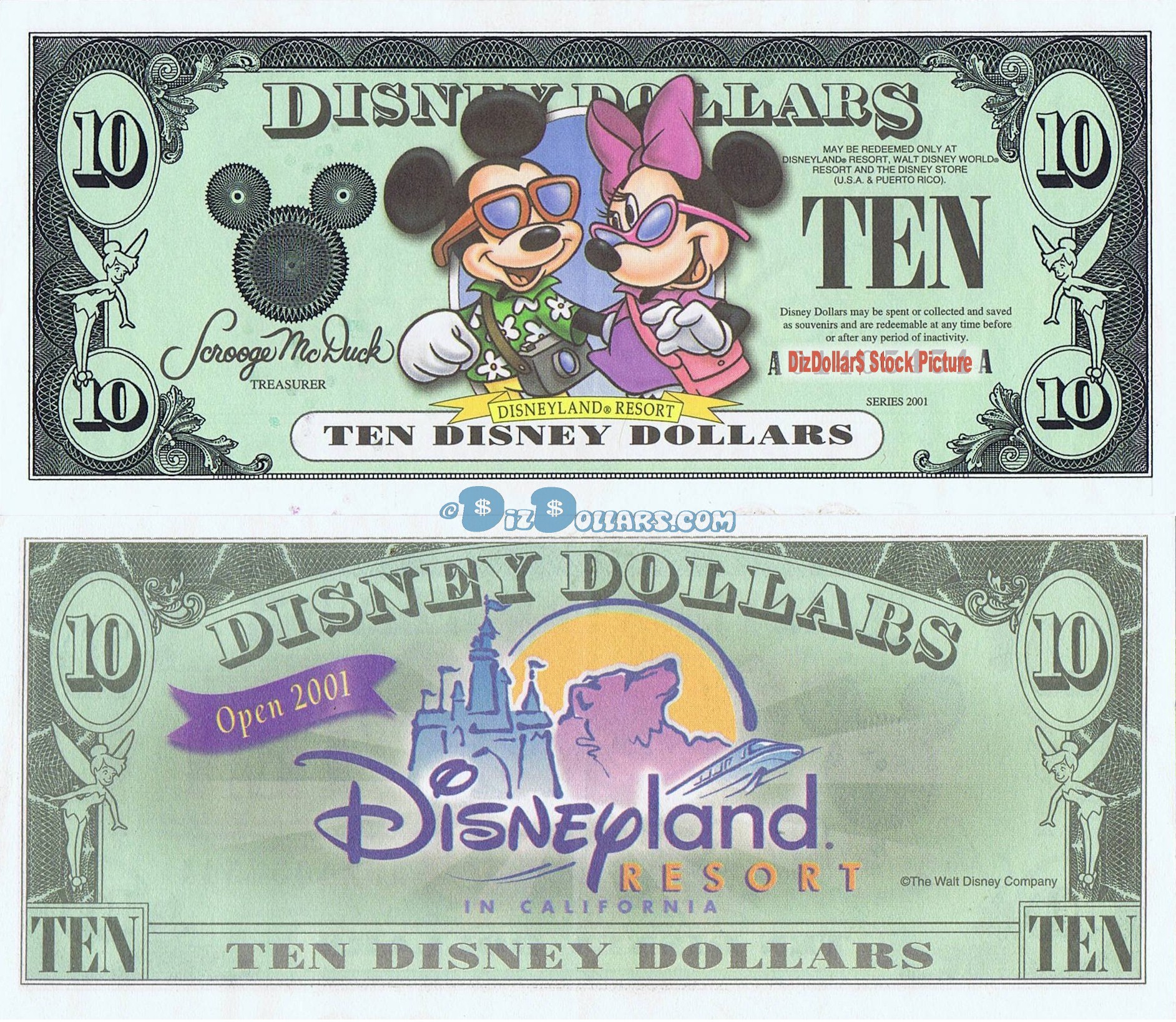 2001 "A" $10 UNC 3 Consecutive S/N A00452013A - 015A Disney Dollar - Tourists Mickey and Minnie front with Disneyland Resort on back - Disneyland Resort Series from Disneyland ~ © DizDollars.com
