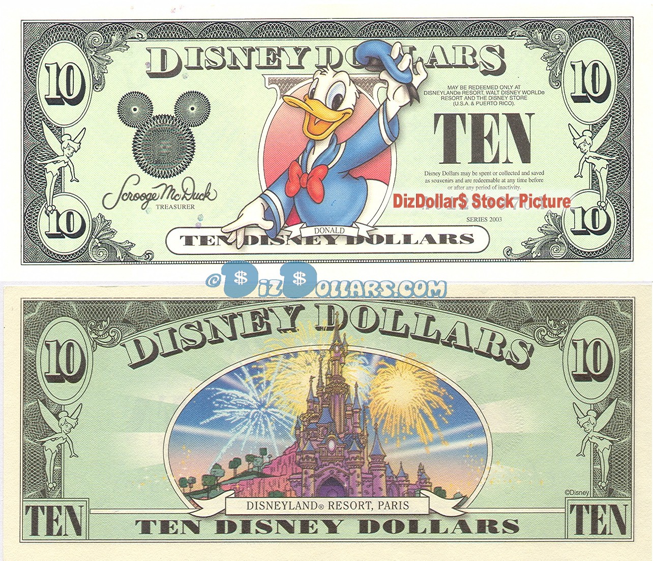 2003 "A" $10 UNC 2 Consecutive Disney Dollar - Donald front with Disneyland Paris Resort Sleeping Beauty's Castle on back - Welcoming Series from Disneyland ~ © DizDollars.com