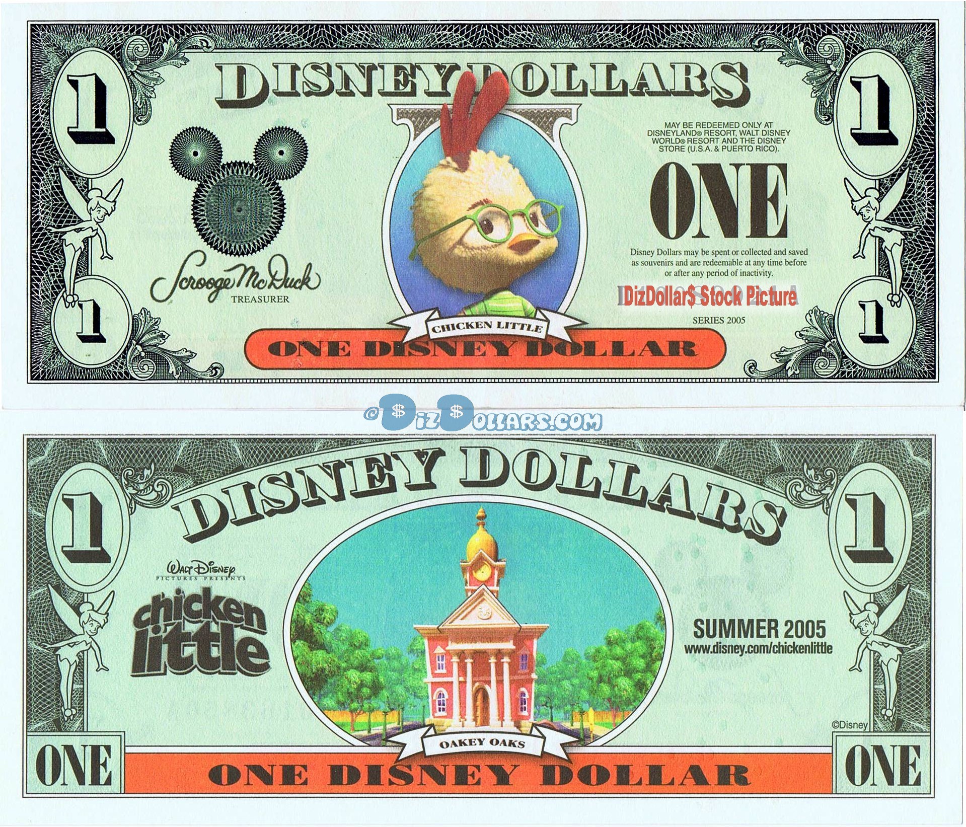 2005 "T" $1 MINT UNC 4 Consecutive Disney Dollars Chicken Little front with Oakey Oaks on back - S/N T10163847A -850A  - "T" Movie Series from Disney Store ~ © DIZDOLLARS.com