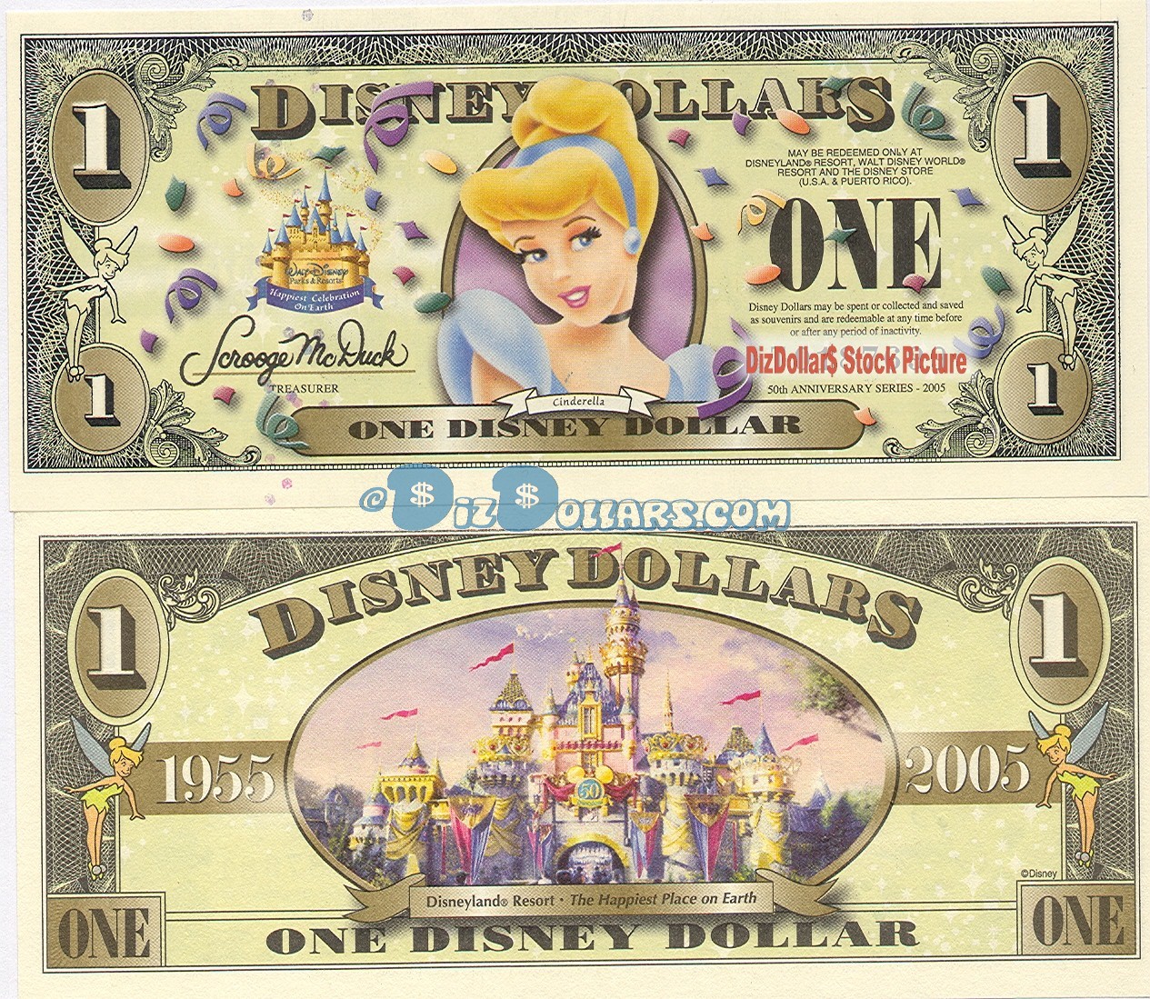 2005 "T" $1 UNC Disney Dollars - Cinderella front with Disneyland Sleeping Beauty's Castle on back - "T" 50th Anniversary Series from Disney Store ~ © DIZDOLLARS.com