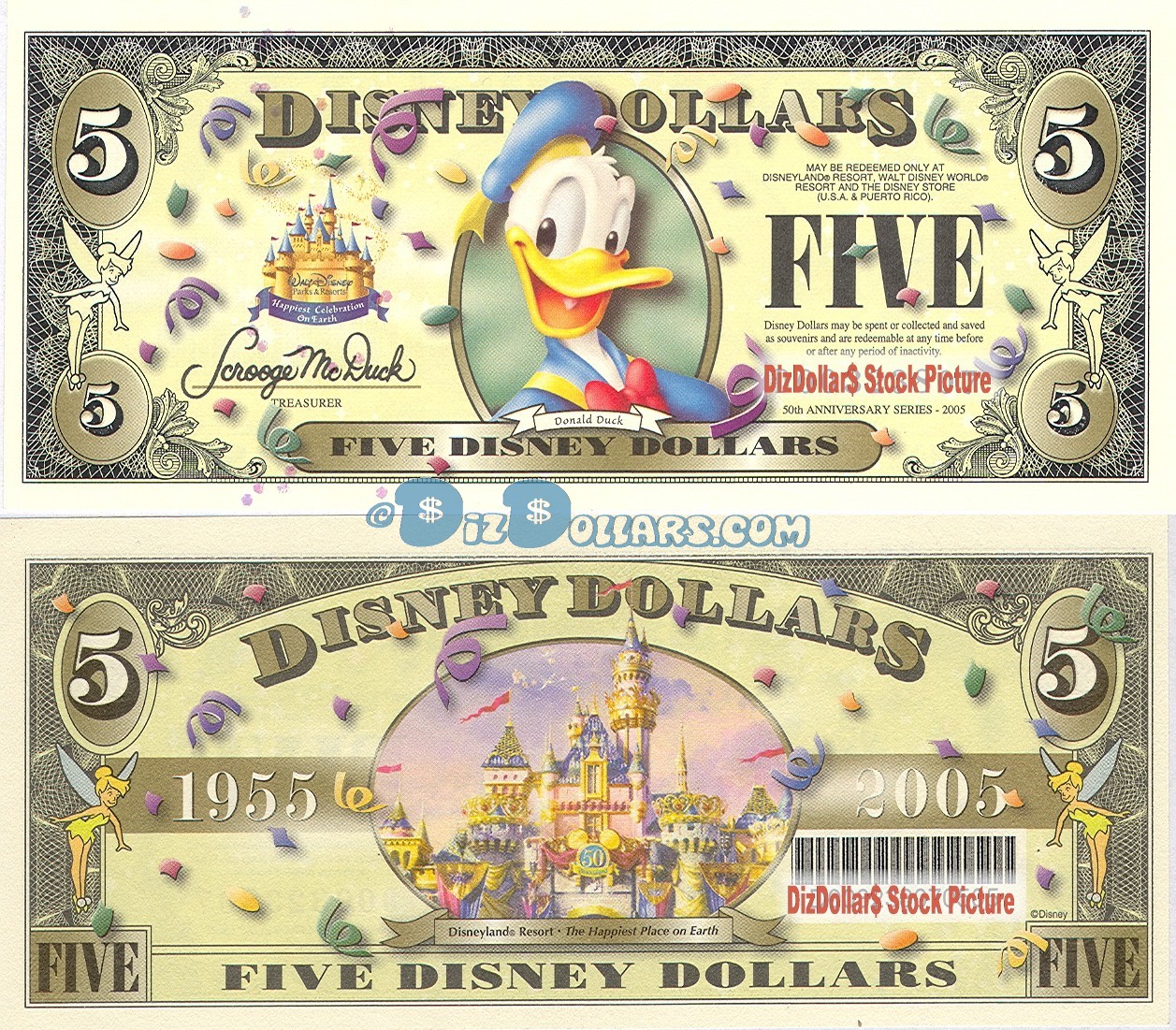 2005 "D" $5 UNC 2 Consecutive S/N D00478505 & 504 Disney Dollar - Donald front with Disneyland Sleeping Beauty's Castle and barcode on back - "D" 50th Anniversary Series from Disney World ~ © DIZDOLLARS.com