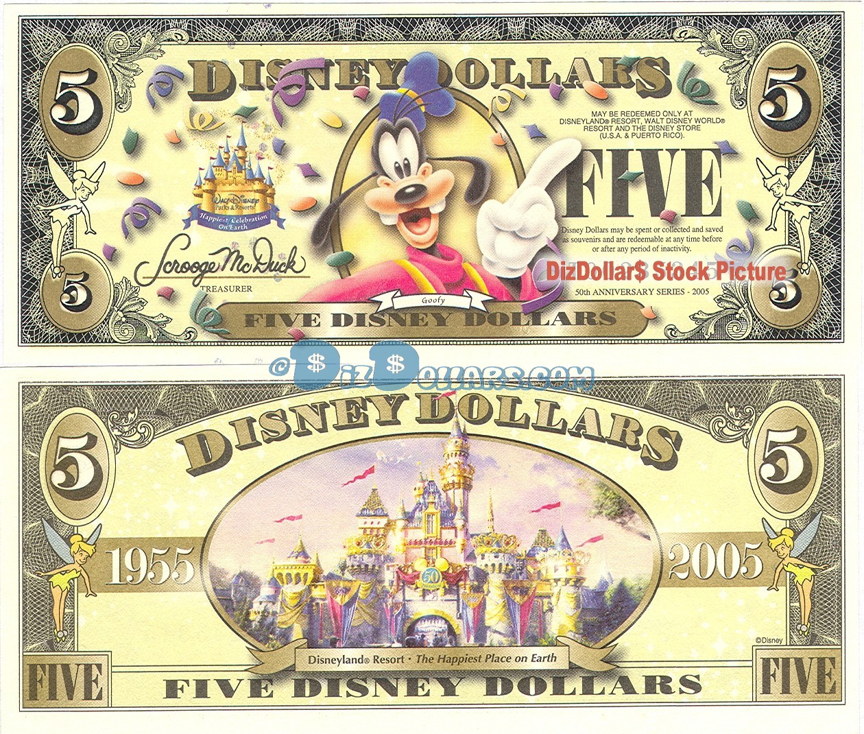 2005 "T" $5 UNC 2 Consecutive S/N T00285721 & 720 Disney Dollar - Goofy front with Disneyland Sleeping Beauty's Castle on back - "T" 50th Anniversary Series from Disney Store ~ © DIZDOLLARS.com