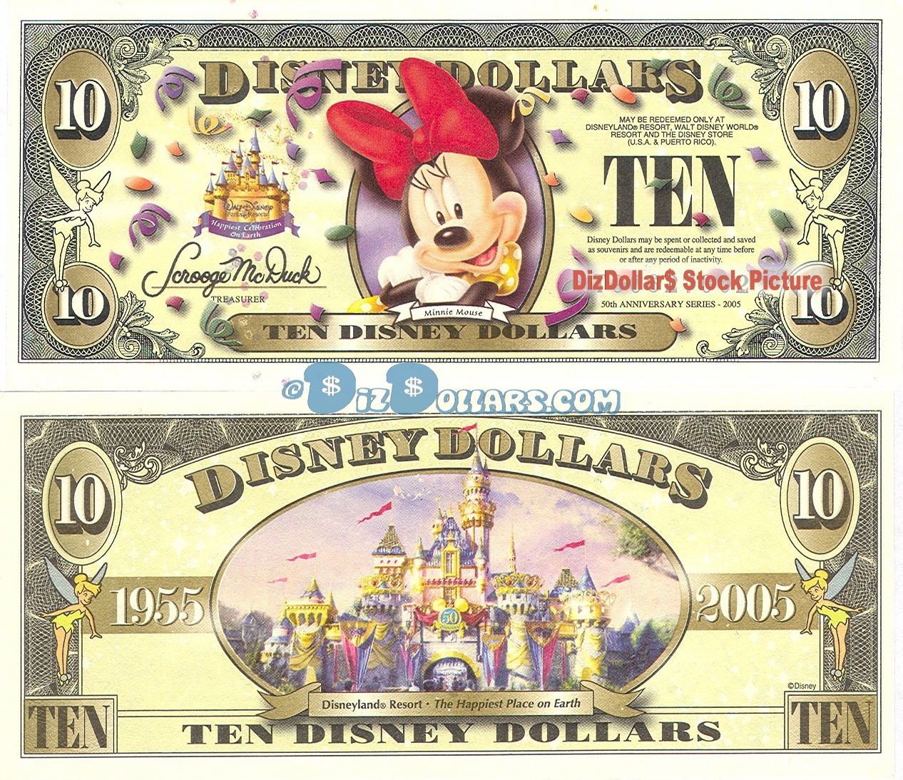 2005 "T" $10 UNC 2 Consecutive S/N T00459730 & 729 Disney Dollar - Minnie front with Disneyland Sleeping Beauty's Castle on back - "T" 50th Anniversary Series from Disney Store ~ © DIZDUDE.com