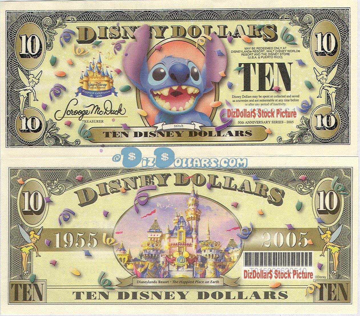 2005 "D" $10 UNC 2 Consecutive Disney Dollar - Stitch front with Disneyland Sleeping Beauty's Castle and barcode on back - "D" 50th Anniversary Series from Disney World ~ © DIZDOLLARS.com