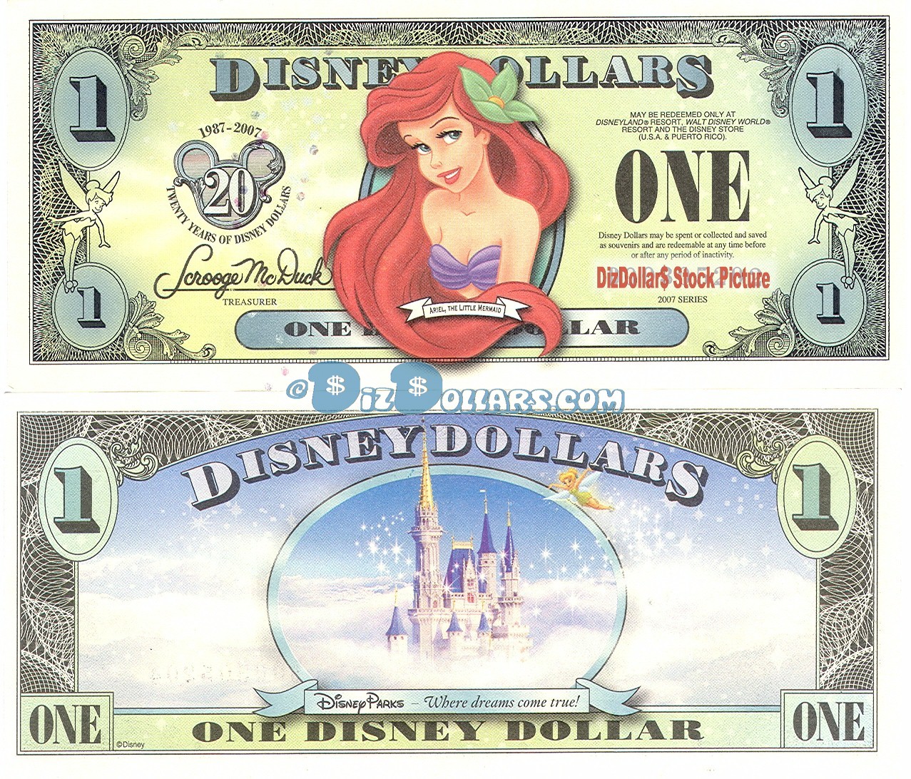 2007 "T" $1 UNC 2 Consecutive Disney Dollar - 2007 Ariel front with Disneyland Sleeping Beauty's Castle on back - "T" 20th Anniversary Disney Dollar Series from Disney Store ~ © DIZDOLLARS.com