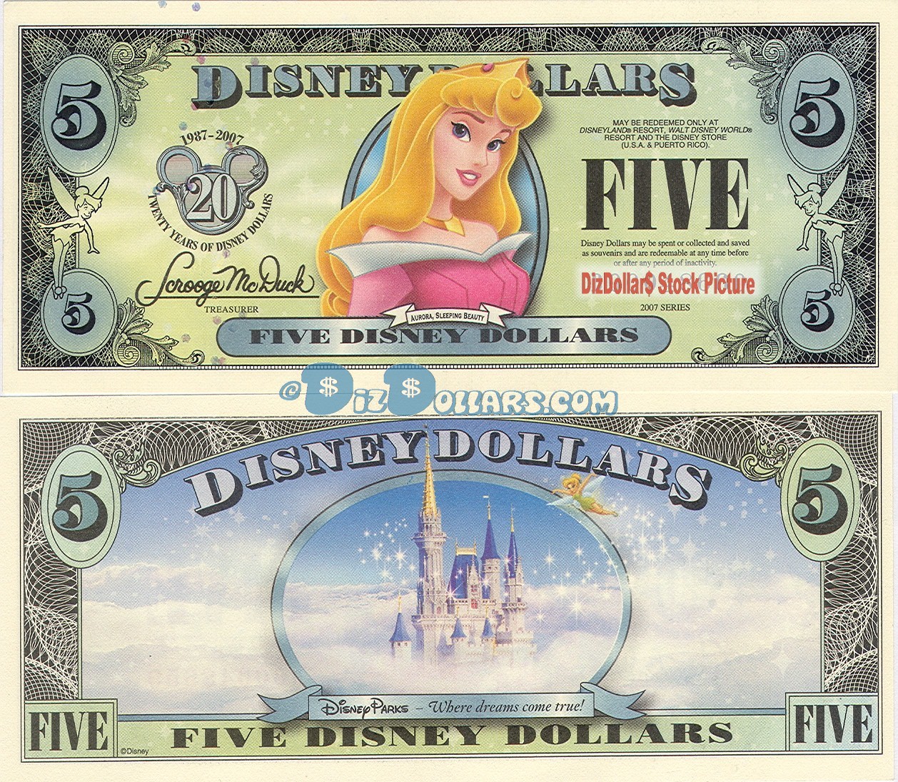 2007 "T" $5 UNC 5 Digits Disney Dollar - 2007 Aurora (Sleeping Beauty) front with Disneyland Sleeping Beauty's Castle on back - "T" 20th Anniversary Disney Dollar Series from Disney Store ~ © DIZDOLLARS.com