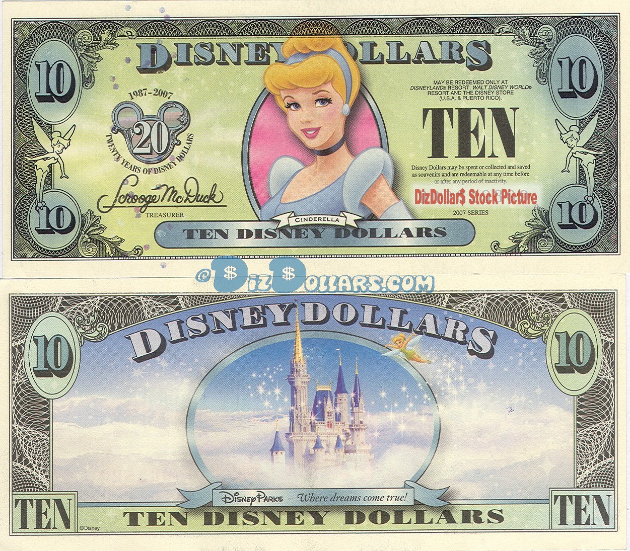 2007 "D" $10 UNC 5 Digit Disney Dollar - 2007 Cinderella front with Disneyland Sleeping Beauty's Castle on back - "D" 20th Anniversary Disney Dollar Series from Disney World ~ © DIZDOLLARS.com