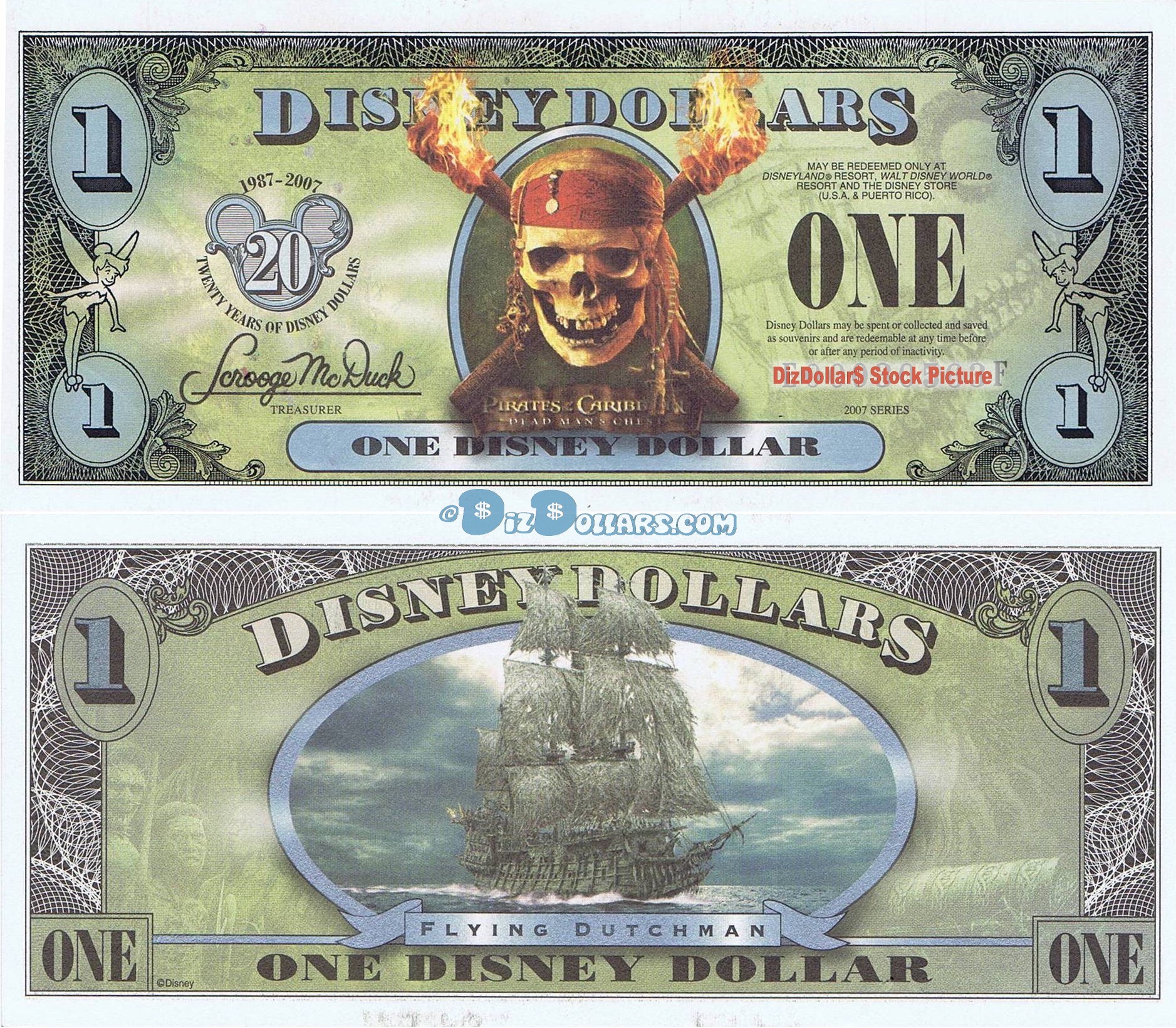 2007 "FF" $1 UNC 4 Digit 5 Consecutive Disney Dollars - "Pirates of the Caribbean: Dead Man's Chest" front with The Flying Dutchman Ship on back (2nd Film Released)  - "FF" 20th Anniversary Disney Dollar Series from Disney World ~ © DIZDOLLARS.com