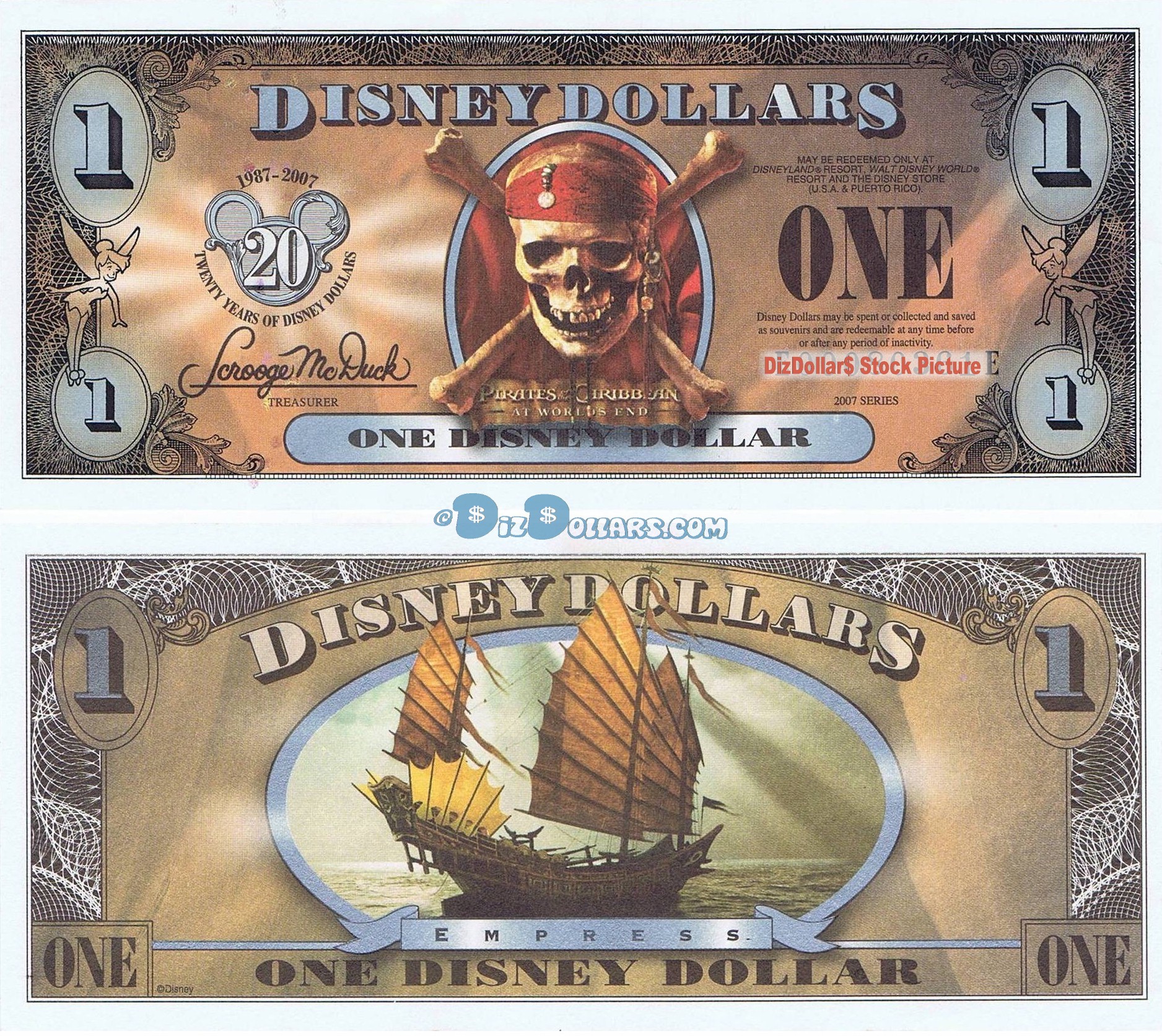 2007 "EE" $1 UNC 5 Digit 5 Consecutive Disney Dollars - "Pirates of the Caribbean: At World's End" front with The Empress Ship on back (3rd Film Released)  - "EE" 20th Anniversary Disney Dollar Series from Disneyland ~ © DIZDOLLARS.com
