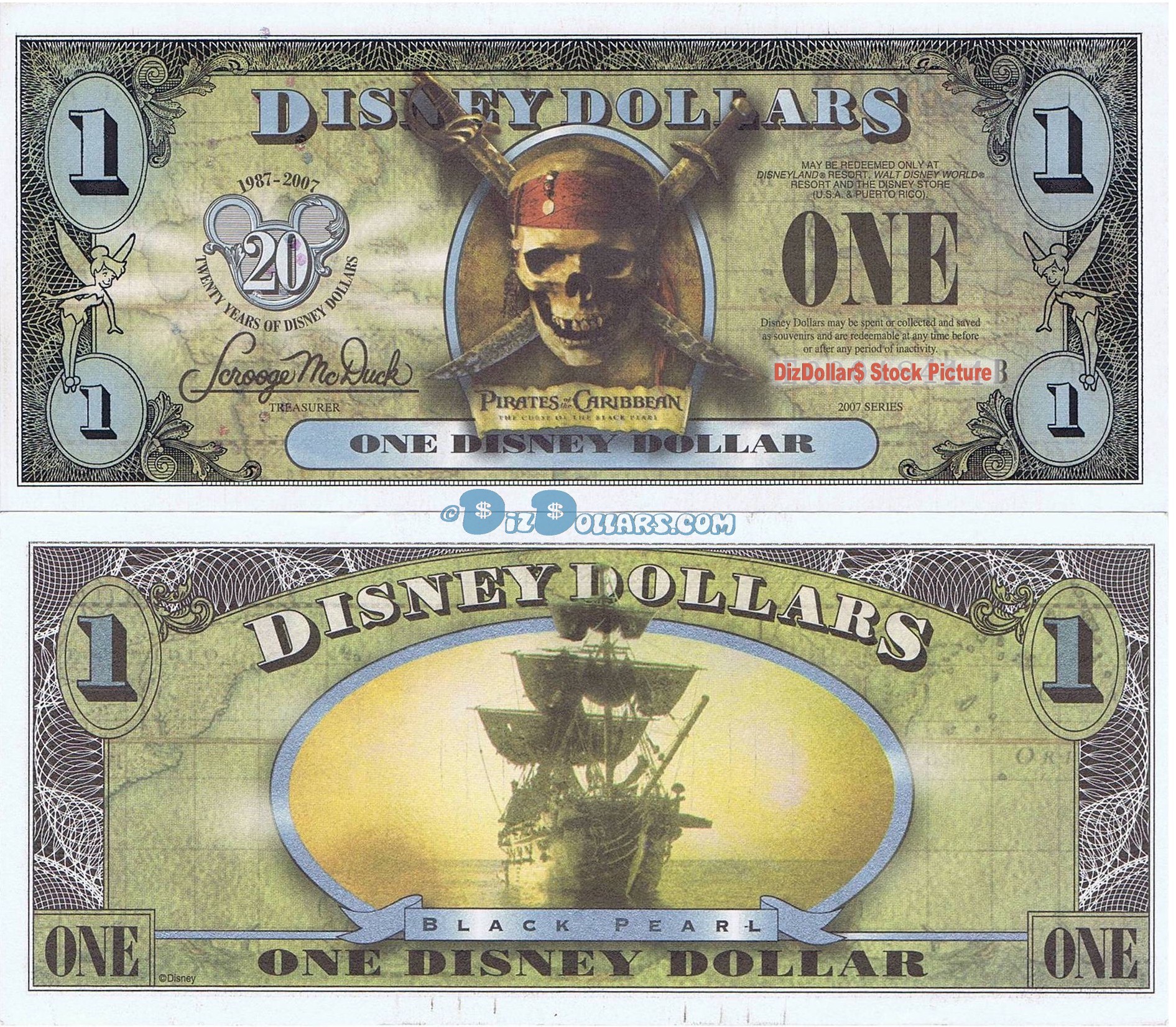 2007 "FB" $1 UNC 4 Digit 3 Consecutive Disney Dollars - "Pirates of the Caribbean: The Curse of The Black Pearl" front with The Black Pearl Ship on back (1st Film Released)  - "FB" 20th Anniversary Disney Dollar Series from Disney World ~ © DIZDOLLARS.com