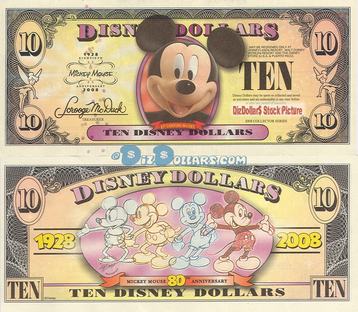 2008 "T" $10 UNC Disney Dollar - Boyer's Bobble Head Mickey Front Boyer's Mickey through the years back - "T" Mickey Mouse's 80th Anniversary Series from Disney Store ~ © DIZDOLLARS.com