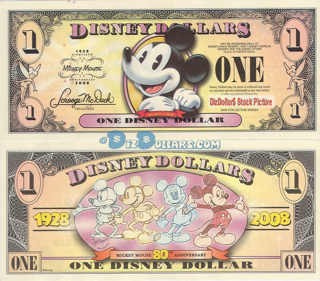 2008 "T" $1 MINT UNC Disney Dollar - Boyer's Pie-Eyed Mickey Front Boyer's Mickey through the years back - "T" Mickey Mouse's 80th Anniversary Series from Disney Store ~ © DIZDOLLARS.com