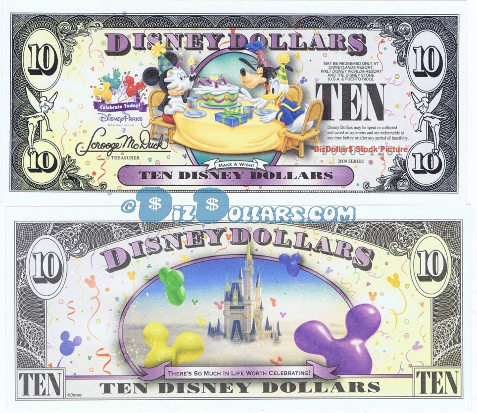 2009 "A" $10 UNC 5 DIGIT S/N A00039064 Disney Dollar - Mickey, Donald and Goofy with Cake front with Cinderella's Castle in Clouds on back - Celebrate You series from Disneyland ~ © DizDollars.com