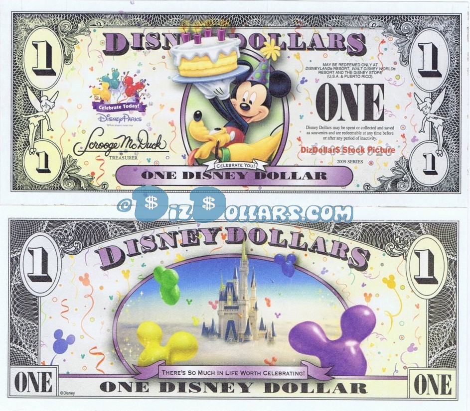 2009 "D" $1 UNC 5 DIGIT 2 Consecutive Disney Dollar - Mickey and Pluto with Cake front with Cinderella's Castle in Clouds on back - Celebrate You series from Disney World ~ © DizDollars.com