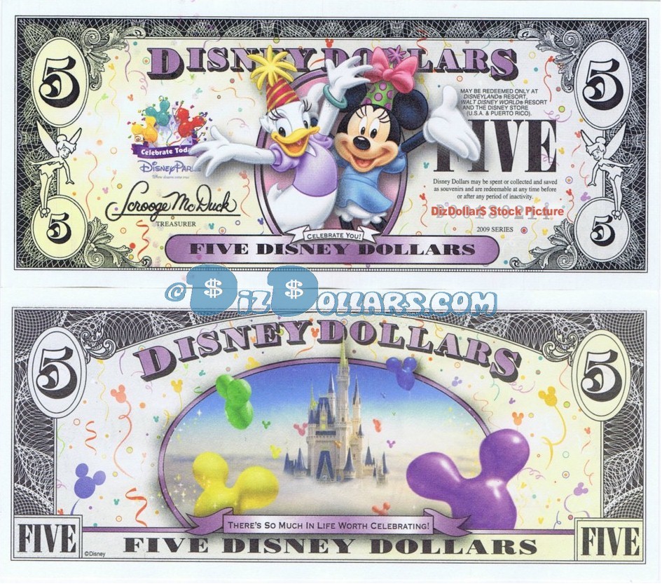 2009 "T" $5 UNC 2 Consecutive Disney Dollar - Daisy Duck and Minnie Mouse front with Cinderella's Castle in Clouds on back - Celebrate You series from Disney Store ~ © DizDollars.com