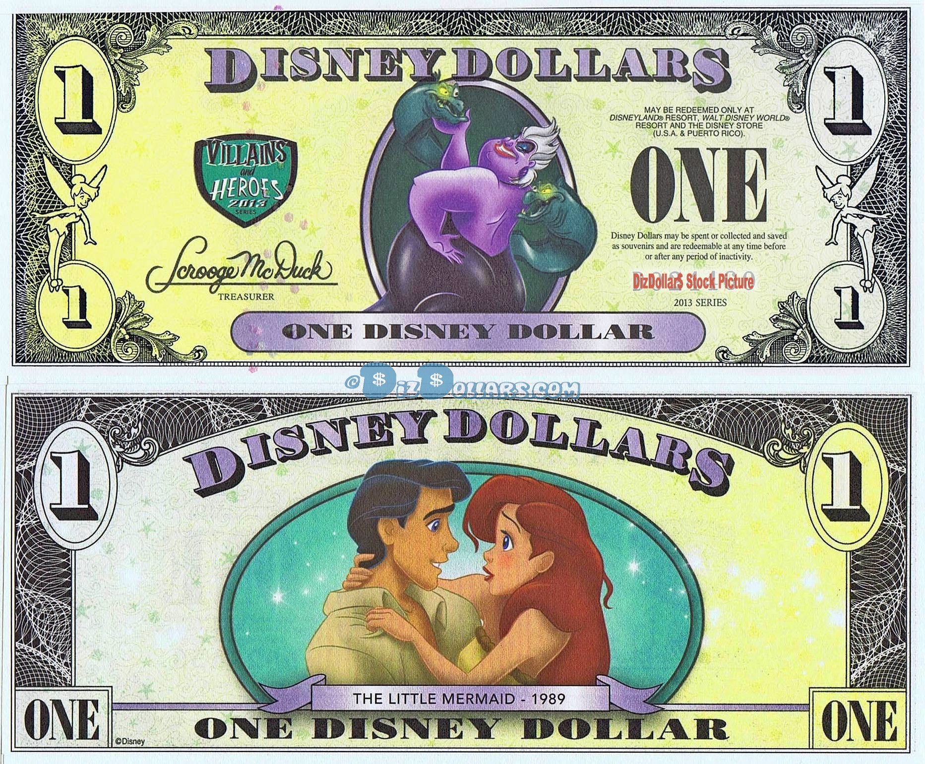 2013 "D" $1 UNC 5 DIGIT 2 Consecutive Disney Dollar - Ursula on the front with the Little Mermaid (Ariel) and Eric her prince on back - Villains & Heroes series from Disney World ~ © DizDollars.com
