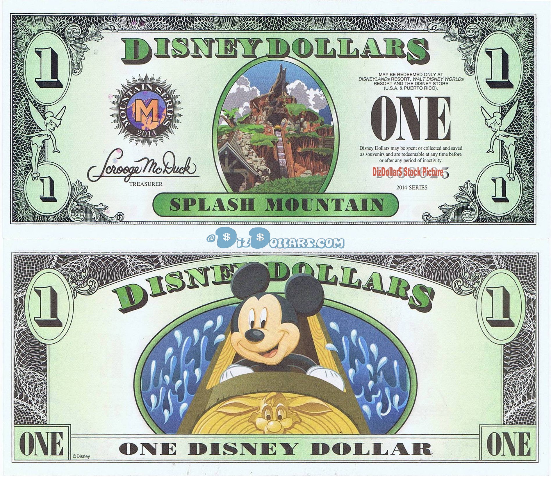 2014 "D" $1 MINT UNC 5 Digit Disney Dollars - Splash Mountain Attraction front with Mickey Mouse on the ride on back - "D" Mountain Rides the Final Disney Dollars series from Disney World ~ © DIZDOLLARS.com