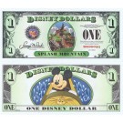 2014 "D" $1 MINT UNC 5 Digit Disney Dollars - Splash Mountain Attraction front with Mickey Mouse on the ride on back - "D" Mountain Rides the Final Disney Dollars series from Disney World ~ © DIZDOLLARS.com